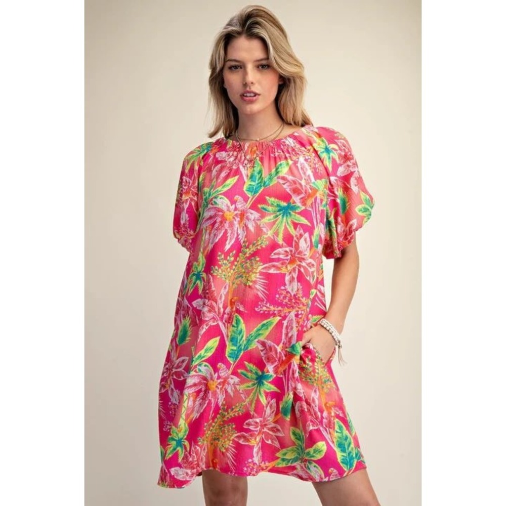 Easel‎ Plus womens Pink Tropical Floral Puff Sleeve Shift Dress Pocket NWT